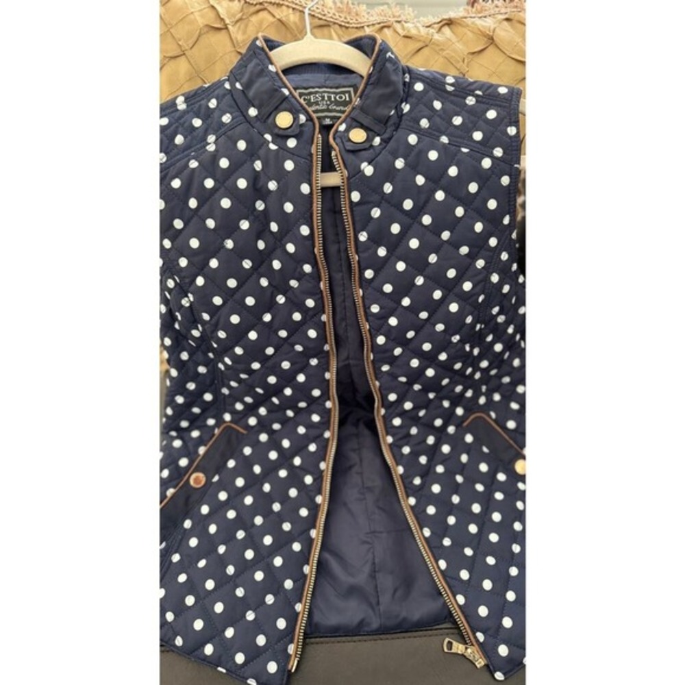 C'est Toi Polka Dot Quilted Puffer Vest, Navy Brown Trim Hiking Camping Size M - Picture 2 of 7